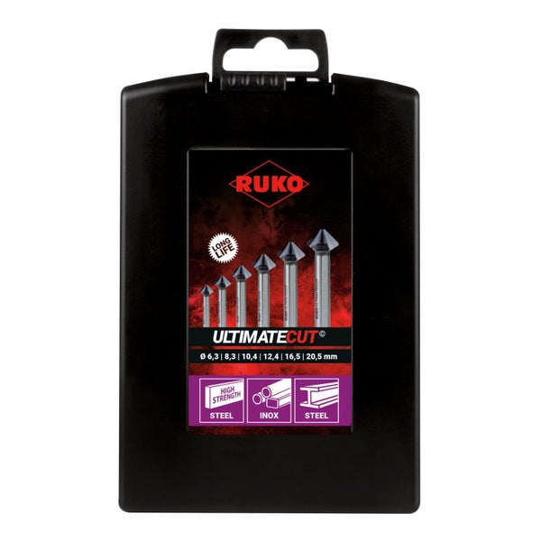 Ruko Ultimatecut Senker-Satz in einem schwarzen Kunststoffkoffer. Enthält Größen von 6,3 bis 20,5 Millimeter. Geeignet für Stahl und Edelstahl.