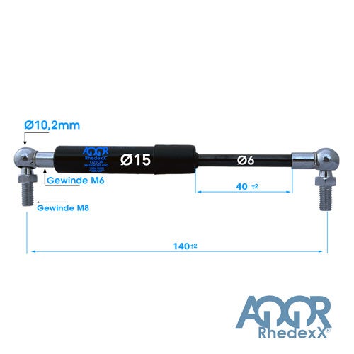 Rhedexx Gasdruckfeder mit 140 Millimeter Gesamtlänge, 40 Millimeter Hub, Durchmesser 15 und 6 Millimeter, M6 und M8 Gewinde, Rhedexx Logo.