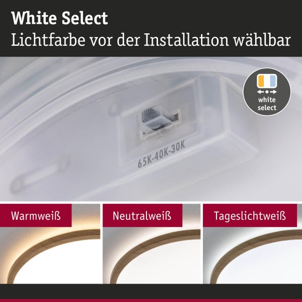 White Select Funktion mit Schalter zur Auswahl der Lichtfarbe zwischen Warmweiß, Neutralweiß und Tageslichtweiß vor der Montage.