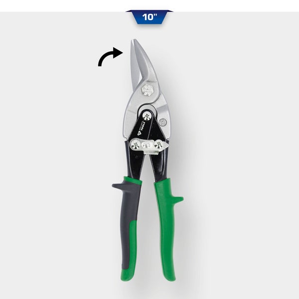 Rechtschneidende Blechschere von Brilliant Tools, 10 Zoll Länge, mit grünem Griff und geschmiedeten Schneidbacken.