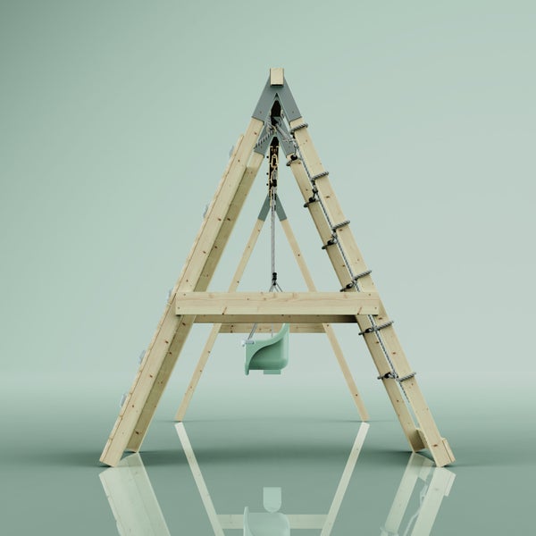 Kinderspielgerät aus Holz mit Schaukel, Kletterwand und Strickleiter, A-förmiges Klettergerüst für den Garten.