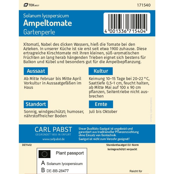 Ampeltomate kleinfrüchtig & aromatisch Gartenperle Samen von Pabst Keimkraft