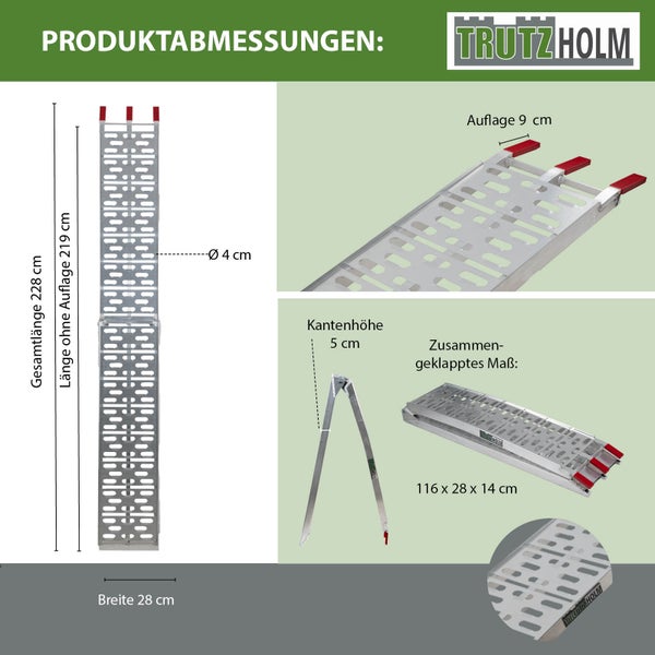 TRUTZHOLM 1 x Auffahrrampe klappbar 228 cm Traglast 340 kg Alu grau gelocht Rampen Motorradrampe