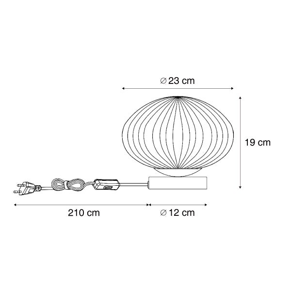 Maßzeichnung Tischleuchte: Höhe 19 Zentimeter, Schirm Durchmesser 23 Zentimeter, Fuß Durchmesser 12 Zentimeter, Kabellänge 210 Zentimeter.
