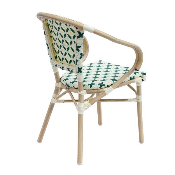 Bistro Gartenstuhl mit Aluminiumgestell in Holzoptik und grün weiß geflochtener Sitzfläche und Rückenlehne, Rückansicht.