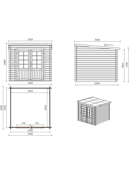 Technische Zeichnung eines Gartenhauses mit Pultdach und Doppeltür inklusive Maßen in Millimetern sowie Grundriss und verschiedenen Ansichten.