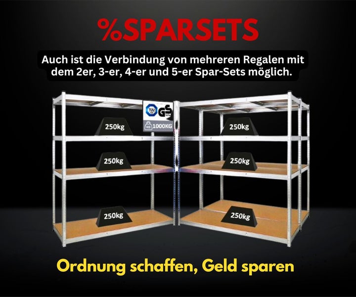Kombinierbare Metall-Schwerlastregale im Sparset mit Holzböden, Tragkraft 250 Kilogramm pro Boden, 1000 Kilogramm gesamt, Geprüfte Sicherheit.