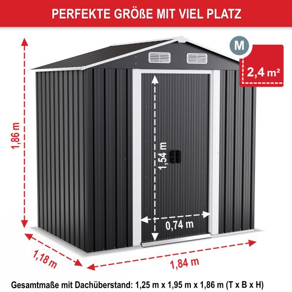 Anthrazitfarbenes Gerätehaus aus Metall mit Abmessungen von 1,25 Meter mal 1,95 Meter mal 1,86 Meter und einer Fläche von 2,4 Quadratmeter.