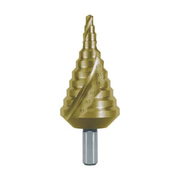 Stufenbohrer aus Metall mit spiralförmiger Nut und eingravierten Größenangaben für unterschiedliche Lochdurchmesser.