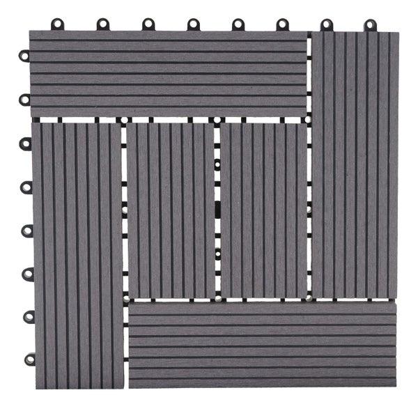 WPC Terrassenfliese in Grau mit Klicksystem und Lamellenstruktur.