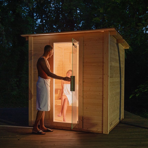 Home Deluxe - Outdoor Saunahaus TALO L - für 4 Personen - Maße: 221 x 217 x 221 cm, Holz: Fichtenholz - inkl. Saunaofen und Saunazubehör I Gartensauna, Außensauna, Sauna