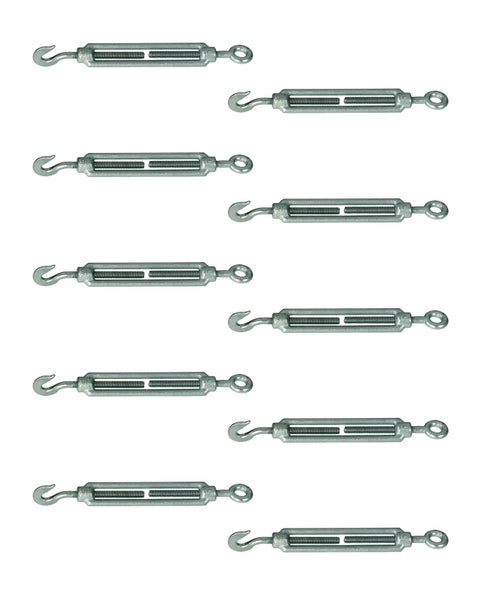 Set von zehn Spannschlössern mit Haken und Öse aus verzinktem Stahl zur Seilspannung