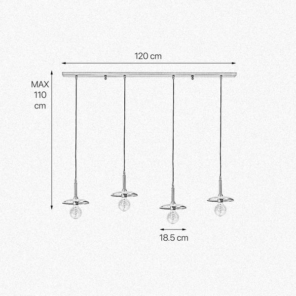 Technische Zeichnung einer Pendelleuchte mit vier Lampen, Maße: 120 cm breit und maximal 110 cm hoch