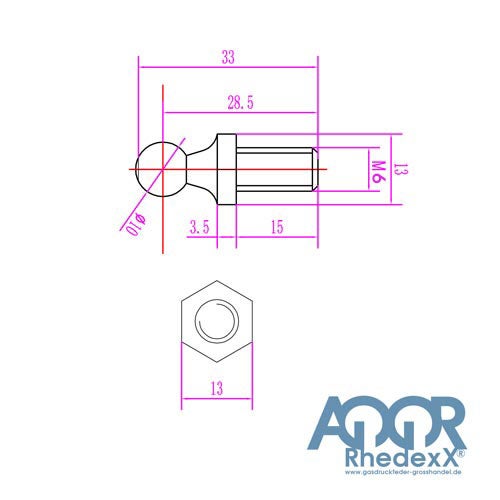 Technische Zeichnung eines Kugelzapfens mit M6-Gewinde, 10 Millimeter Kugeldurchmesser und 33 Millimeter Länge. AGOR Rhedexx Logo.