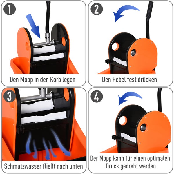 HOMCOM Reinigungswagen 36 Liter Fahreimer Putzeimer Wischwagen mit Auswringvorrichtung, Orange, 54 x 41 x 91,5 cm