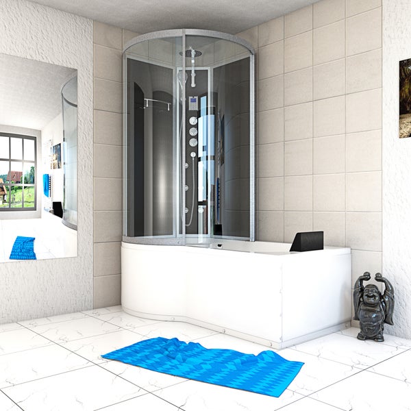 Moderne Dusch-Badewannen-Kombination mit runder Glas-Duschkabine, Massagedüsen, Regenduschkopf und weißer Wanne im hellen Badezimmer.