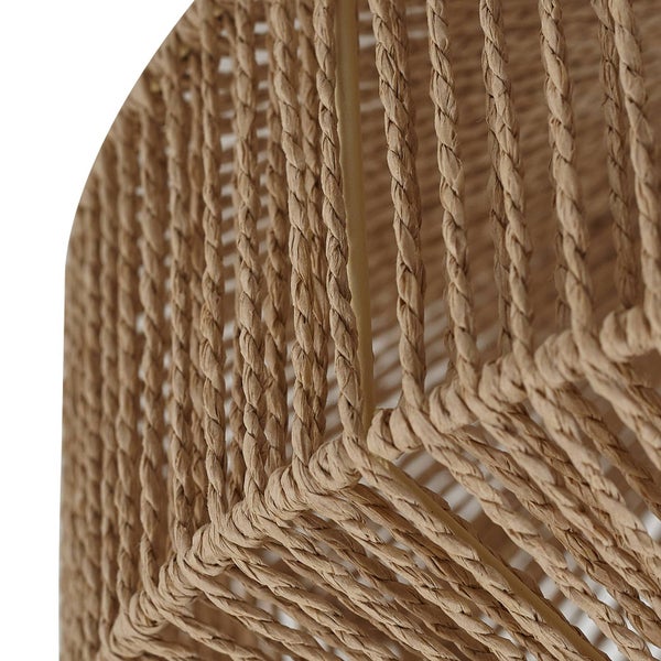 Nahaufnahme eines Lampenschirms aus geflochtenem Papierseil mit sichtbarem Metallgestell.