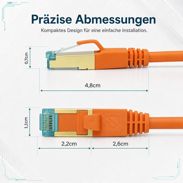 Netzwerkstecker RJ45 mit präzisen Abmessungen: Höhe 0,7 Zentimeter, Breite 1,1 Zentimeter, Gesamtlänge 4,8 Zentimeter.