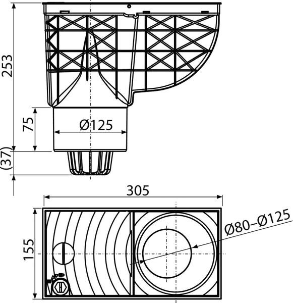Technische Zeichnung eines Ablaufs mit Maßen in Millimetern: Gesamthöhe 253, Länge 305, Breite 155, Durchmesser 125.