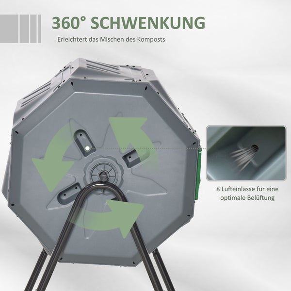 Outsunny Komposter 160L, 71cm x 65cm x 96cm Drehbarer Schnellkomposter aus Kunststoff, Thermokomposter mit 2 Kammer, für Bio- und Garten-Abfälle, Grau