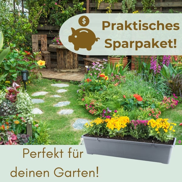 Gestalteter Garten mit Blumenkasten und dem Hinweis Praktisches Sparpaket