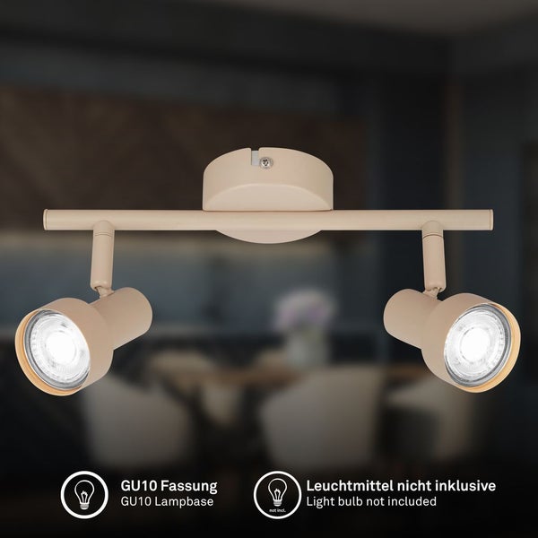 Zweiflammiger Deckenstrahler aus Metall in Beige mit GU10 Fassungen, Leuchtmittel nicht inklusive.