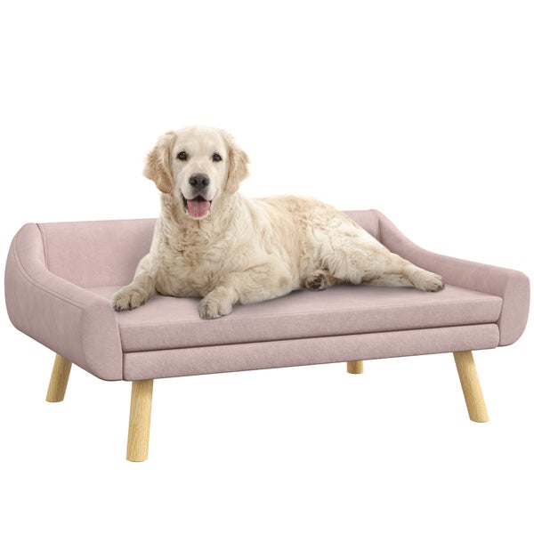 PawHut Hundesofa Katzensofa mit Rückenlehne, Hundecouch mit Holzbeine, Haustiersofa mit Kissen, Hundebett für mittelgroße und große Hunde, Samt, Rosa, 102 x 58,5 x 42,5 cm