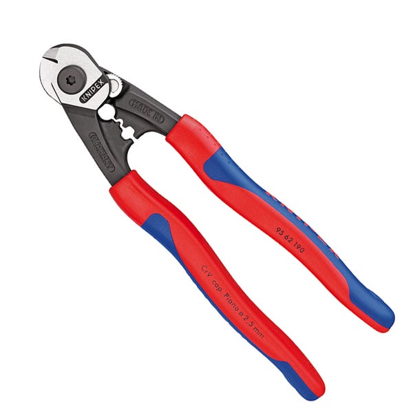 Knipex Drahtseilschere mit Mehrkomponenten-Hüllen, Modell 95 62 190, für Klavierdraht bis 2,5 Millimeter.
