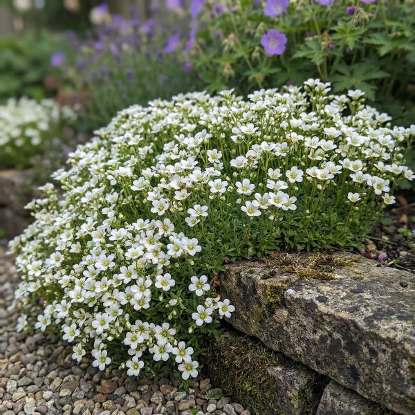 Weißer Moos-Steinbrech als Polsterstaude mit vielen kleinen Blüten im Steingarten an einer Natursteinmauer.