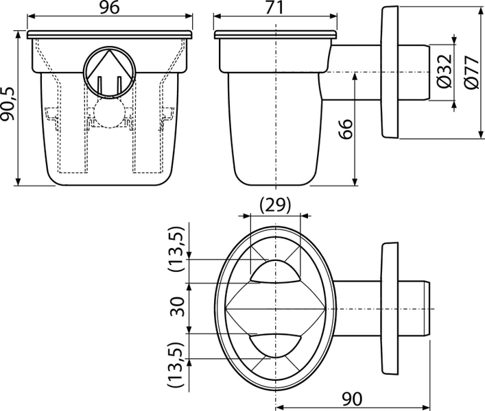 Technische Zeichnung mit Maßangaben für einen Ablauf oder Siphon mit einem Rohrdurchmesser von 32 Millimeter.