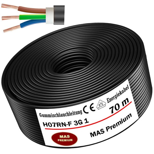 MAS Premium Gummischlauchleitung H07RN-F 3G 1, 70 Meter schwarzes Energiekabel mit drei Adern, VDE-Prüfzeichen und CE-Kennzeichnung.