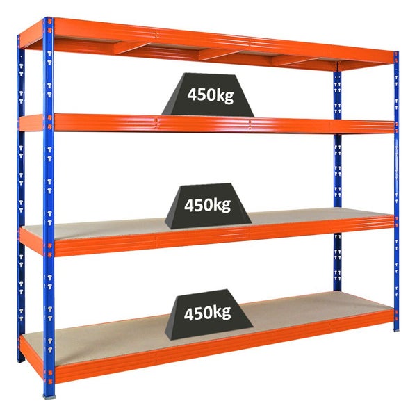 Blau-oranges Schwerlastregal mit 3 Fachböden aus Metall und Holz, Tragkraft 450 Kilogramm pro Boden.