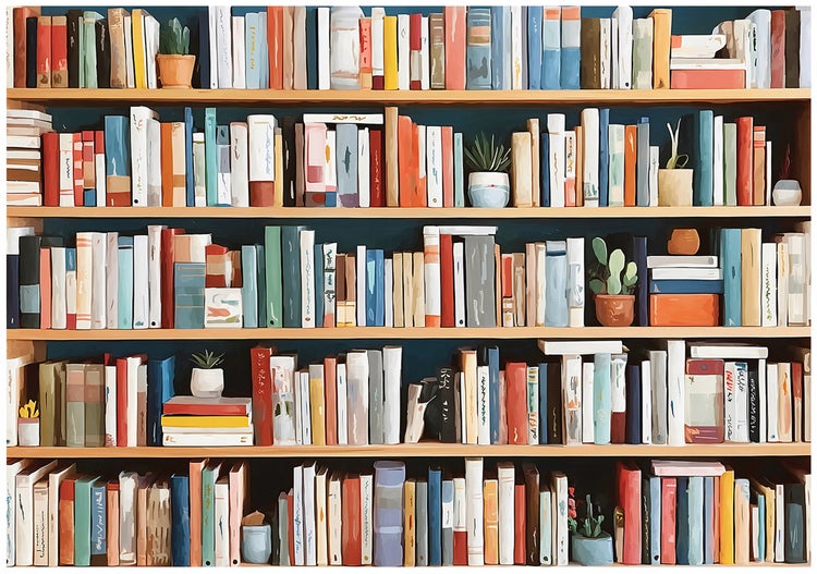 Regal gefüllt mit Büchern und Pflanzen