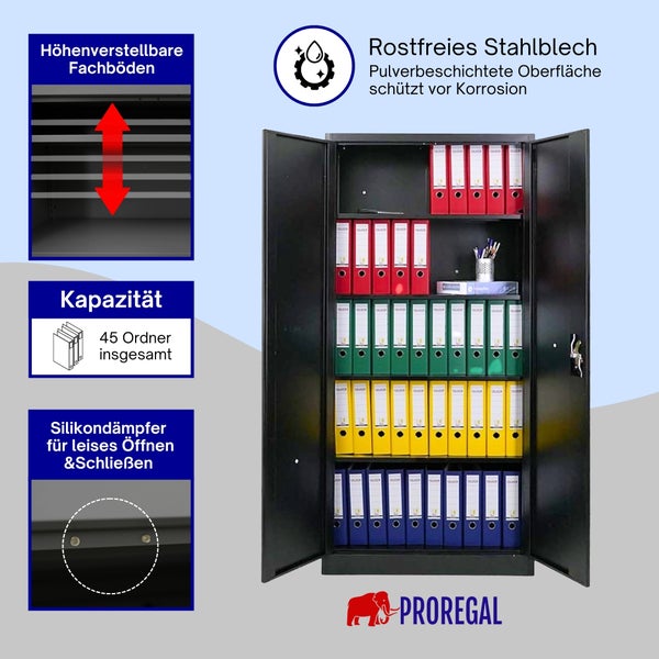 Aktenschrank aus korrosionsgeschütztem Stahlblech mit 45 Ordner Kapazität, höhenverstellbaren Böden, Silikondämpfern und PROREGAL Logo.