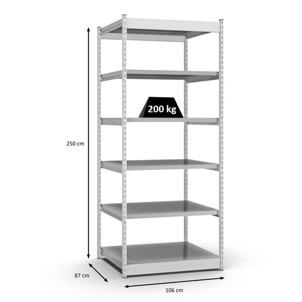 PROREGAL Fachbodenregal Stecksystem Vierkant-Profil Grundregal HxBxT 250 x 102,5 x 80 cm 6 Ebenen Einseitige Bauart Fachlast 200 kg Lichtgrau