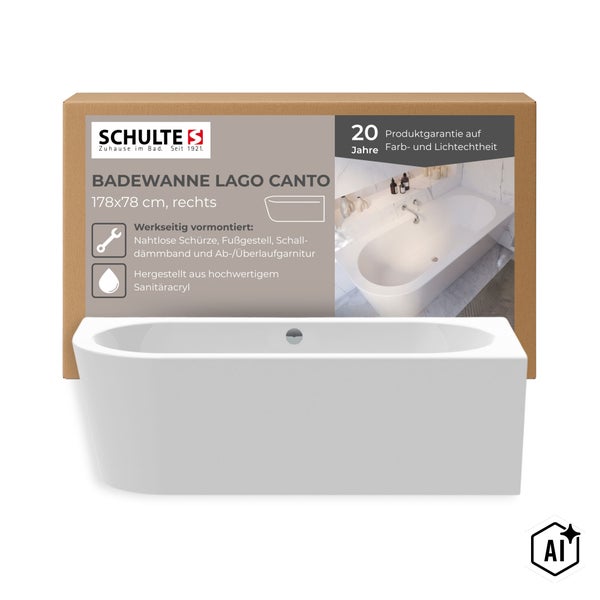 Schulte Badewanne Lago Canto rechts, 178x78 cm aus Sanitäracryl inklusive Schürze, Fußgestell, Schalldämmband und Ab- und Überlaufgarnitur.