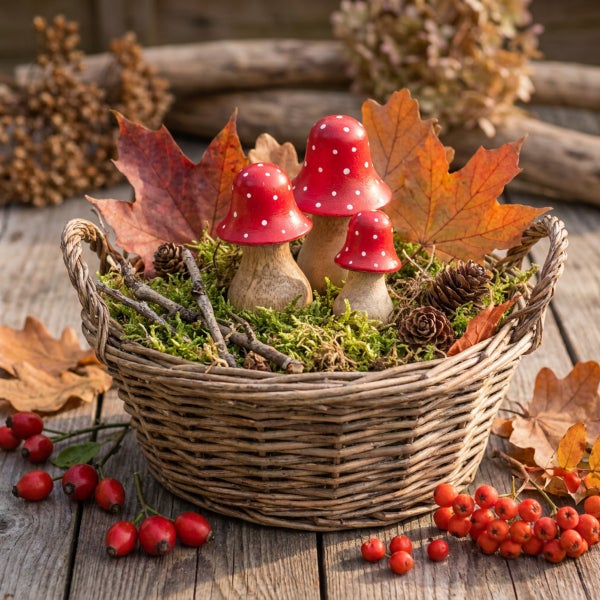 Drei dekorative Fliegenpilze aus Holz im Weidenkorb mit Moos, Herbstblättern und Kiefernzapfen als herbstliche Tischdekoration.