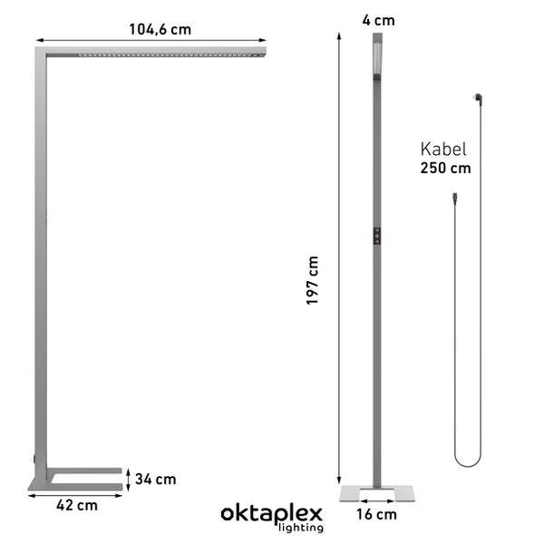 Maßzeichnung einer modernen LED Stehleuchte von Oktaplex Lighting mit 197 Zentimeter Höhe und detaillierten Bemaßungen.