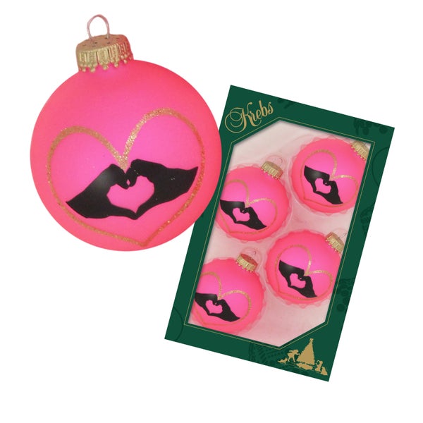 Neon-Pink 7cm Glaskugeln mit Herzen-Band-Dekor (4), 4 Stck., Weihnachtsbaumkugeln, Christbaumschmuck, Weihnachtsbaumanhänger