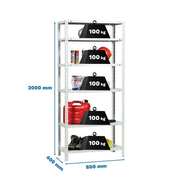PROREGAL Schraubregal Panda Tall HxBxT 200 x 80 x 40 cm 6 Fachböden Fachlast 100 kg Weiß