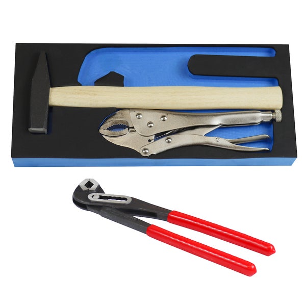 PROREGAL Werkzeug Satz Werkstattwagen Cheetah Wasserpumpenzange Hammer Gripzange 3 Teile mit Schaumstoff Schubladeneinlage HxBxT 4,6 x 34 x 12,5 cm