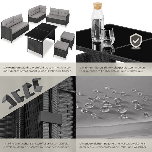 Gartenmöbelset mit Rattanoberfläche, bestehend aus Sofa, Tisch und Hockern