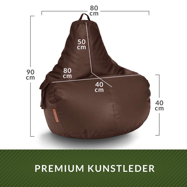Green Bean Sitzsack aus Kunstleder mit EPS Perlen Füllung - 90 x 80 x 70 cm - Bean Bag Sitzkissen Sitzpuff Sitzsessel Bodenkissen Lounge Gaming Chair Rückenlehne - Dunkelbraun