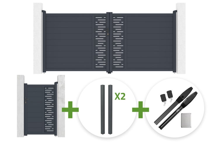 Set aus Doppelflügeltor, Gartentor, zwei Pfosten und elektrischem Torantrieb mit Fernbedienungen.
