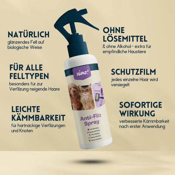 nimo® Anti Filz Spray für Hunde, Katzen • löst verfilztes Fell und erleichtert Kämmbarkeit