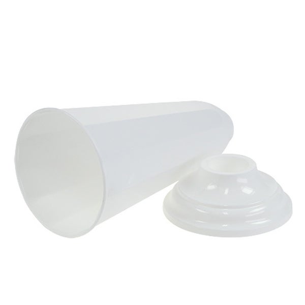 Weißer konischer Lampenschirm aus Kunststoff mit passendem rundem Sockel.