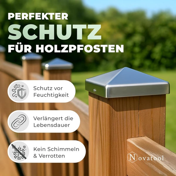 Pyramidenförmige Pfostenkappen aus Edelstahl auf Holzpfosten mit Informationen zu Schutz vor Feuchtigkeit, Lebensdauer und Schimmel. Novatool Logo.