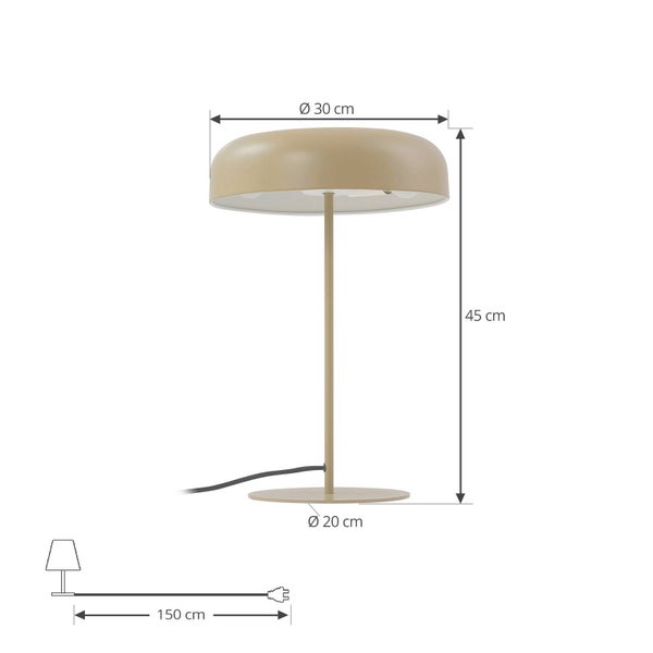 Skizze einer Tischleuchte mit den Maßen Lampenschirmdurchmesser 30 Zentimeter, Lampenhöhe 45 Zentimeter, Fußdurchmesser 20 Zentimeter und Kabellänge 150 Zentimeter.