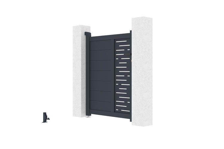 Modernes Gartentor aus Aluminium in Anthrazit mit horizontalen Lamellen und dekorativem Ausschnitt zwischen zwei weißen Pfosten.