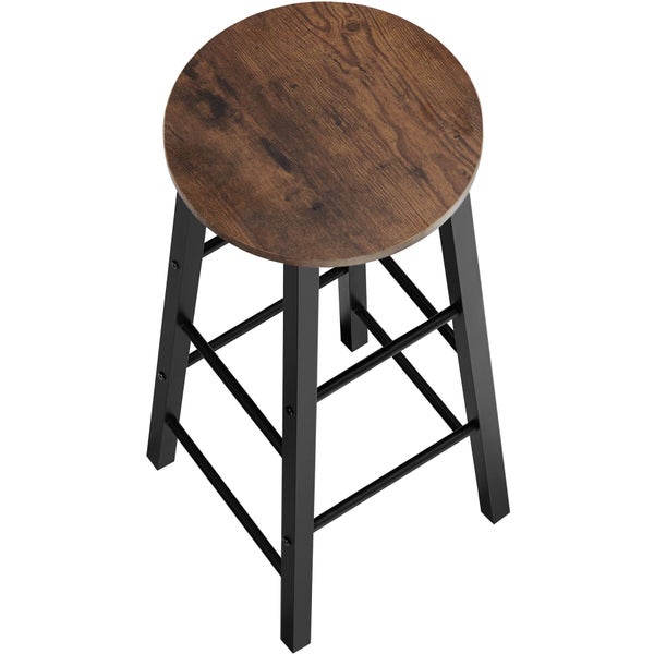Barhocker mit runder Sitzfläche aus Holz und schwarzem Metallgestell mit vier Beinen.